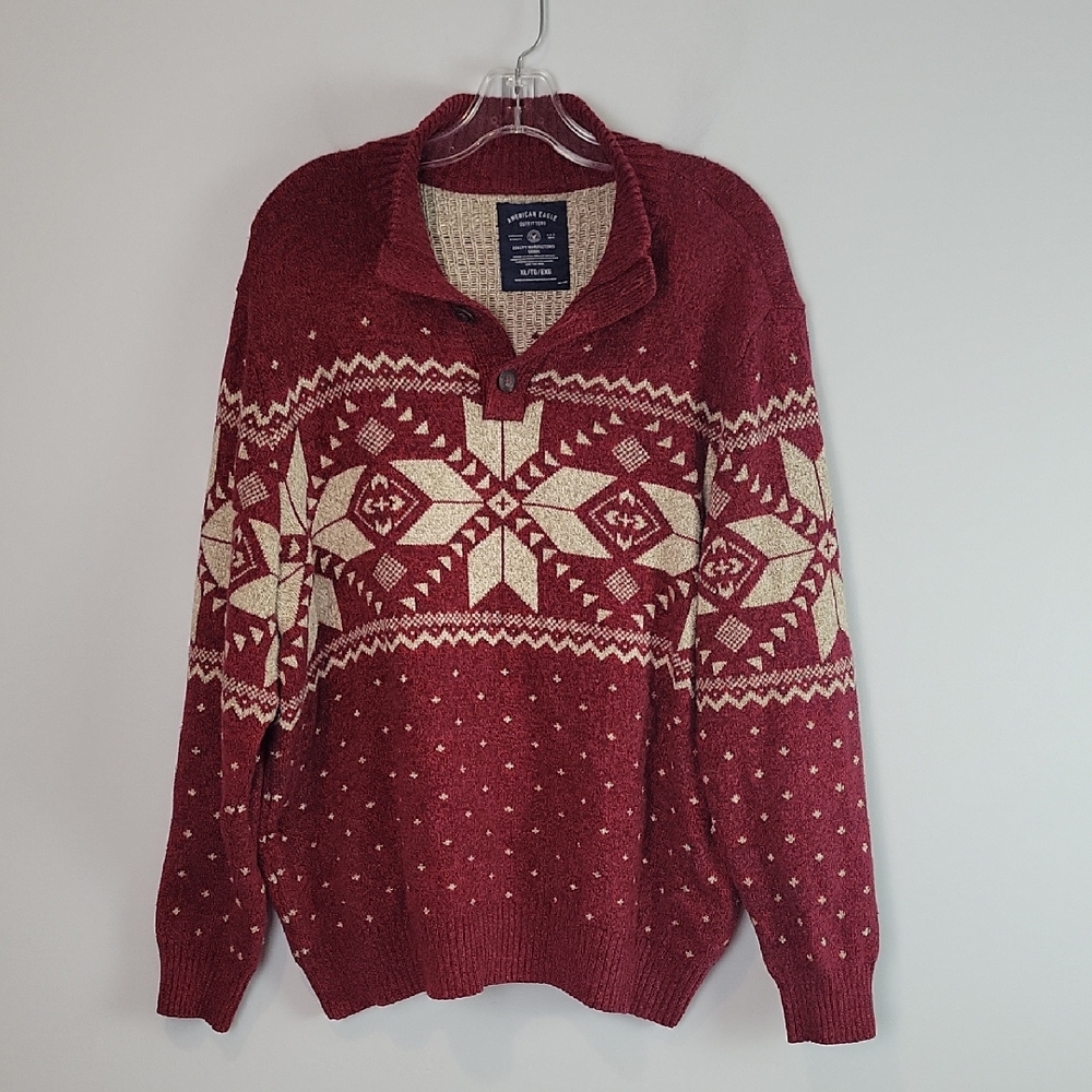 American Eagle Mock Neck Red Snowflake Christmas Holiday Sweater XL